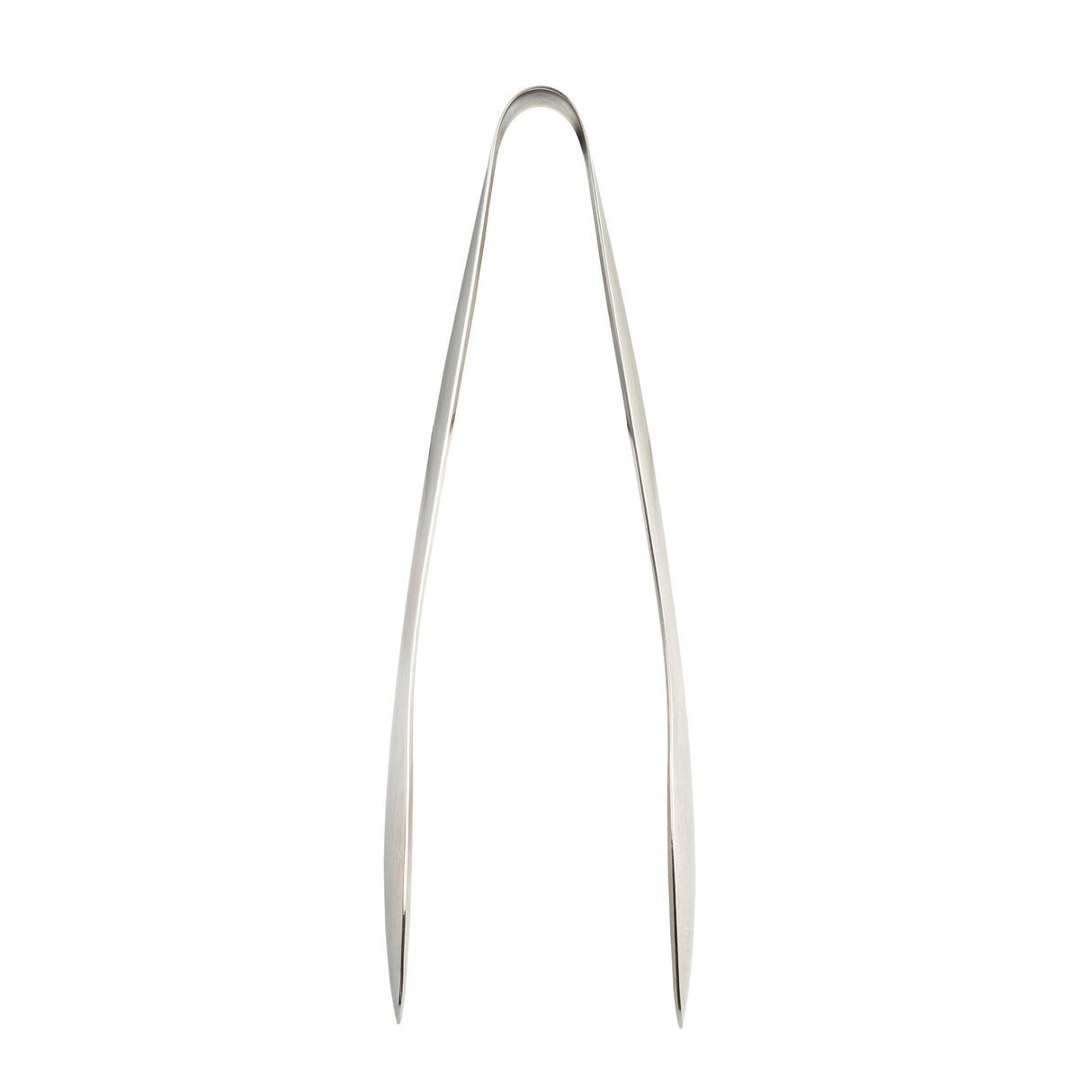 A pair of stainless steel tongs from the Holden Collection Tongs by TableCraft Products, featuring a sleek, minimalist design. The silver arms are gently curved with pointed tips, showcasing modern simplicity against a white background.