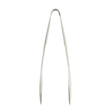 A pair of stainless steel tongs from the Holden Collection Tongs by TableCraft Products, featuring a sleek, minimalist design. The silver arms are gently curved with pointed tips, showcasing modern simplicity against a white background.