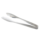 A pair of sleek, stainless steel TableCraft tongs with a smooth, modern design. Featuring slightly curved, oval-shaped tips and a polished finish, these tongs rest elegantly on a plain white background.
