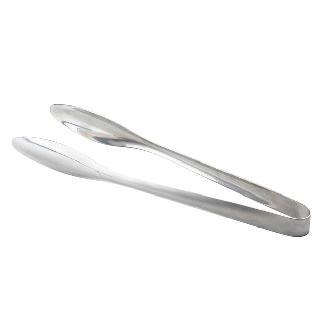 A pair of sleek, stainless steel TableCraft tongs with a smooth, modern design. Featuring slightly curved, oval-shaped tips and a polished finish, these tongs rest elegantly on a plain white background.