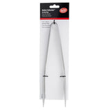 A pair of stainless steel tongs from the Holden Collection Tongs line is attached to white packaging with a red and black label. The long, sleek tongs are secured with two black twist ties for a simple, modern presentation.