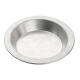 A 6 inch, round, shallow aluminum dish with a smooth, slightly reflective surface. This pie pan server has a wide, flat rim and appears empty, photographed on a white background to highlight its plain, utilitarian design.