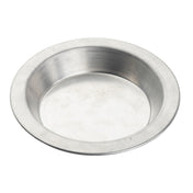 A 6 inch, round, shallow aluminum dish with a smooth, slightly reflective surface. This pie pan server has a wide, flat rim and appears empty, photographed on a white background to highlight its plain, utilitarian design.