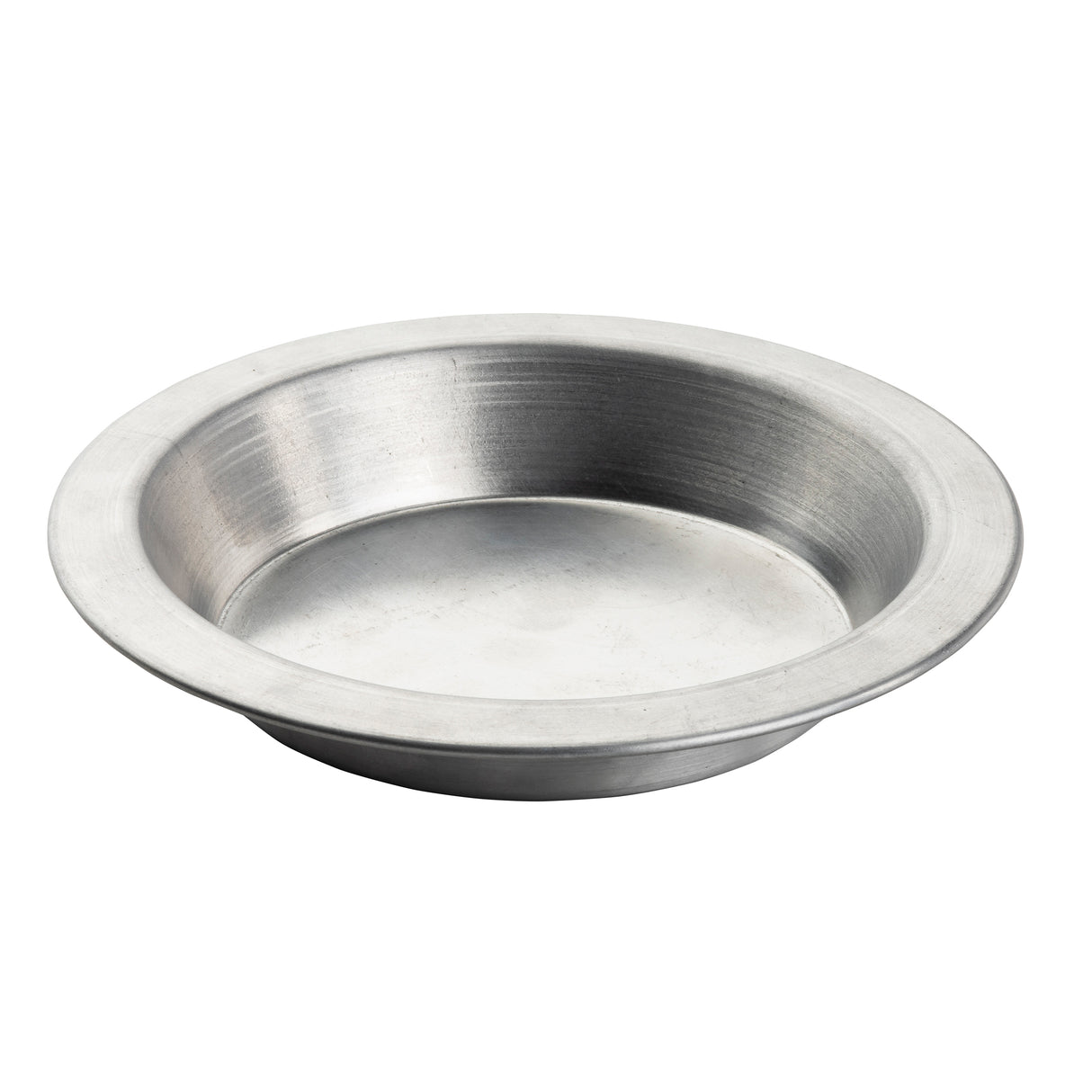 A round, shallow, metallic plate with a wide rim and smooth, slightly brushed surface—this 6 inch pie pan server features a simple, utilitarian design in unadorned aluminum, ideal for serving your favorite desserts.