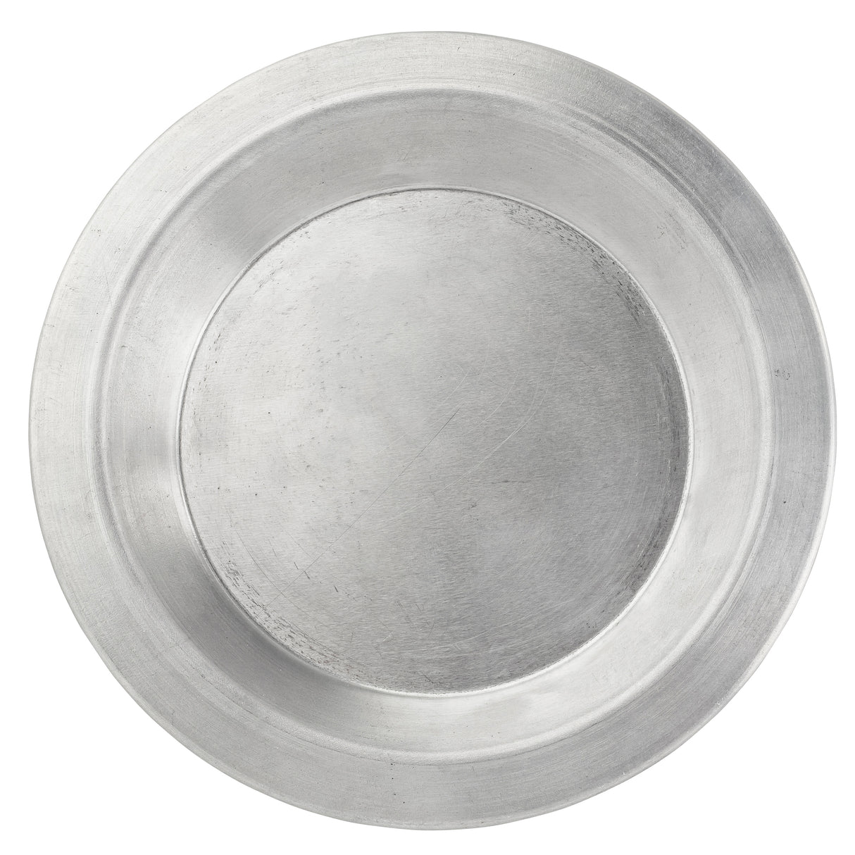 A round, plain aluminum plate seen from above. The surface shows subtle scratches and a matte finish, with a slightly raised rim. Silver-gray in color, this unadorned Pie Pan Server has no visible patterns or decorations.