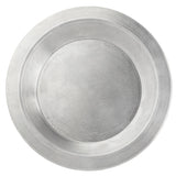 A round, plain aluminum plate seen from above. The surface shows subtle scratches and a matte finish, with a slightly raised rim. Silver-gray in color, this unadorned Pie Pan Server has no visible patterns or decorations.