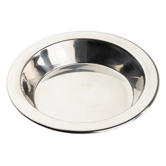 A shiny stainless steel bowl with a wide, slightly outward-flaring rim. The highly reflective surface captures the light beautifully, making it an ideal TableCraft piece for stylish serving, photographed empty on a white background.