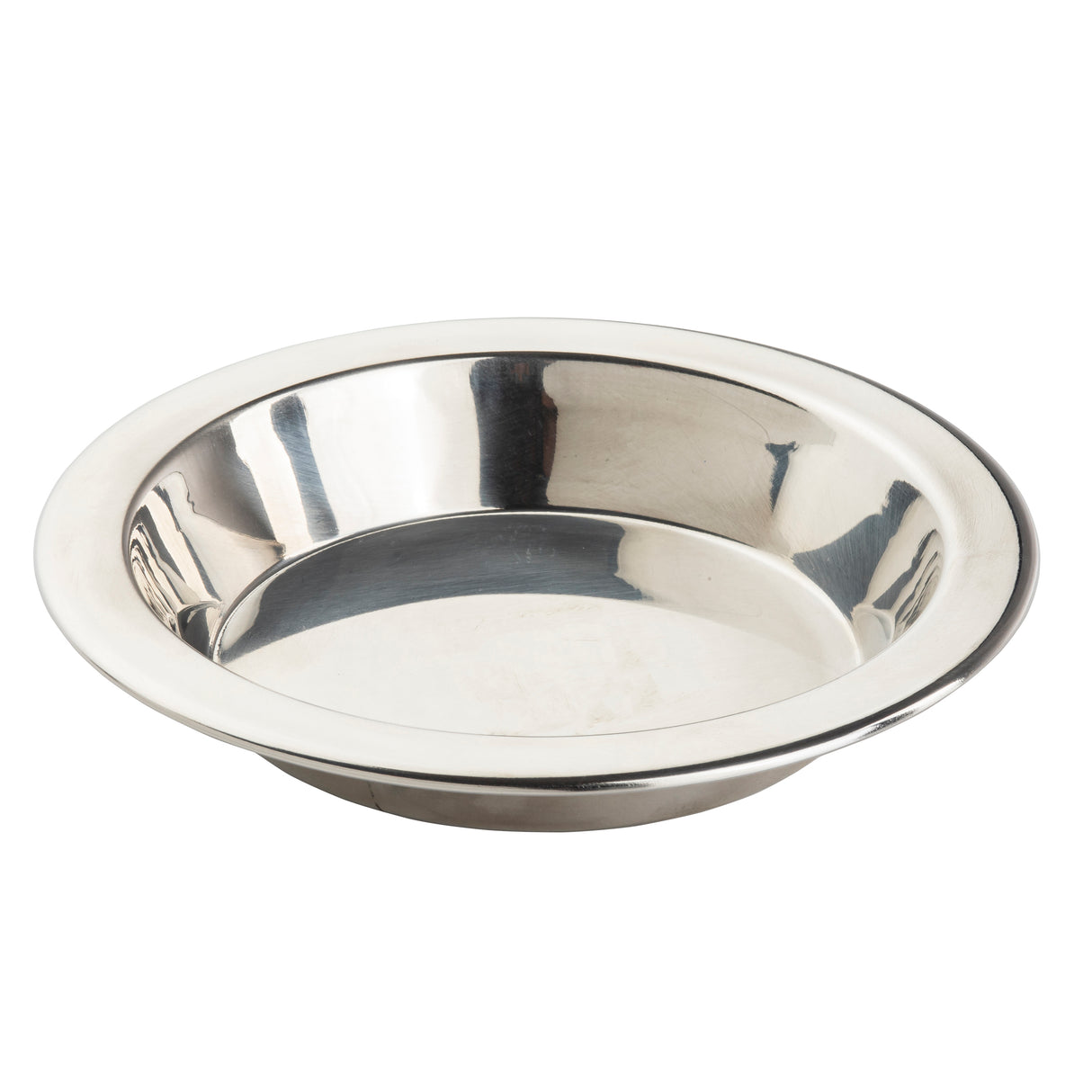 A shiny, round TableCraft stainless steel plate with slightly raised sides and a flat base, photographed on a white background. Its reflective surface displays subtle highlights and shadows, and the plate appears clean and empty.
