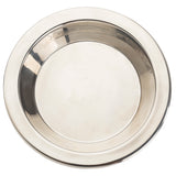 A round, shiny, metallic plate with a wide, raised rim and a reflective surface, photographed from above against a white background. The plate resembles a stainless steel pie pan server and appears to be made by TableCraft.