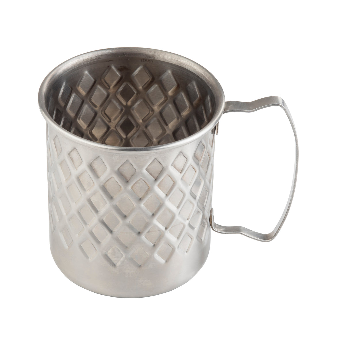 A silver metal Lattice Collection Mug with a sturdy handle, featuring an embossed diamond pattern on the exterior and interior. This 14 oz mug is empty and photographed against a white background.