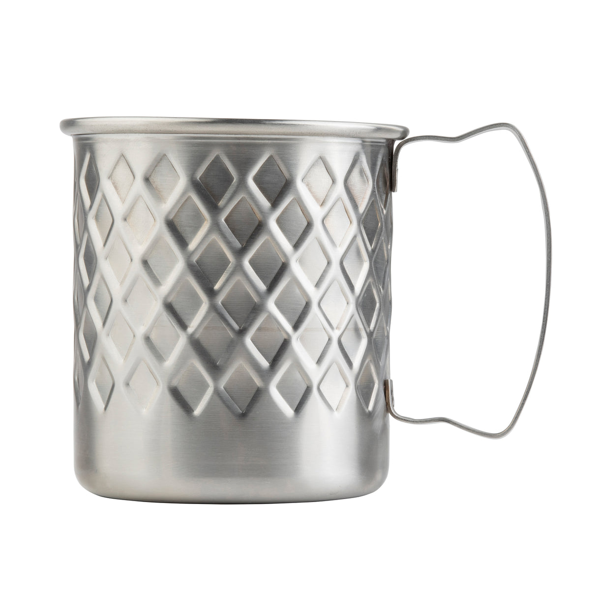 The Lattice Collection Mug is a 14 oz stainless steel mug with a diamond-patterned textured surface, featuring a simple, thin wire handle and a brushed metal finish, isolated on a white background.