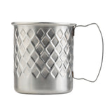 The Lattice Collection Mug is a 14 oz stainless steel mug with a diamond-patterned textured surface, featuring a simple, thin wire handle and a brushed metal finish, isolated on a white background.