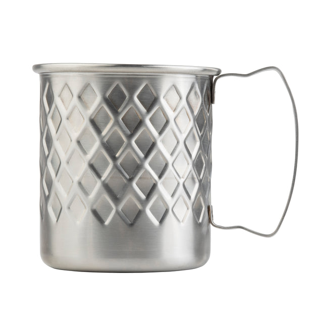 The Lattice Collection Mug is a 14 oz stainless steel mug with a diamond-patterned textured surface, featuring a simple, thin wire handle and a brushed metal finish, isolated on a white background.