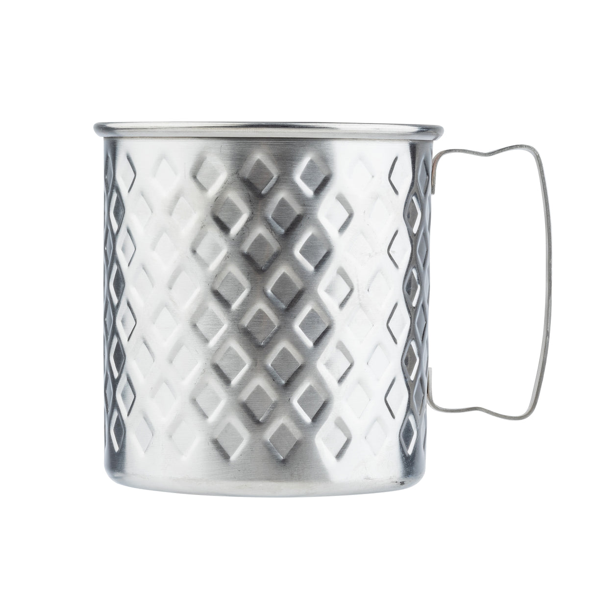 A stainless steel mug with a diamond-patterned, textured surface and a thin, curved handle, shown against a white background. This 23 oz. mug features a slightly reflective finish and a classic cylindrical shape.