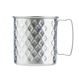 A stainless steel mug with a diamond-patterned, textured surface and a thin, curved handle, shown against a white background. This 23 oz. mug features a slightly reflective finish and a classic cylindrical shape.