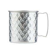 A stainless steel mug with a diamond-patterned, textured surface and a thin, curved handle, shown against a white background. This 23 oz. mug features a slightly reflective finish and a classic cylindrical shape.