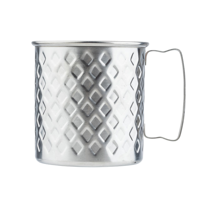 A stainless steel mug with a diamond-patterned, textured surface and a thin, curved handle, shown against a white background. This 23 oz. mug features a slightly reflective finish and a classic cylindrical shape.