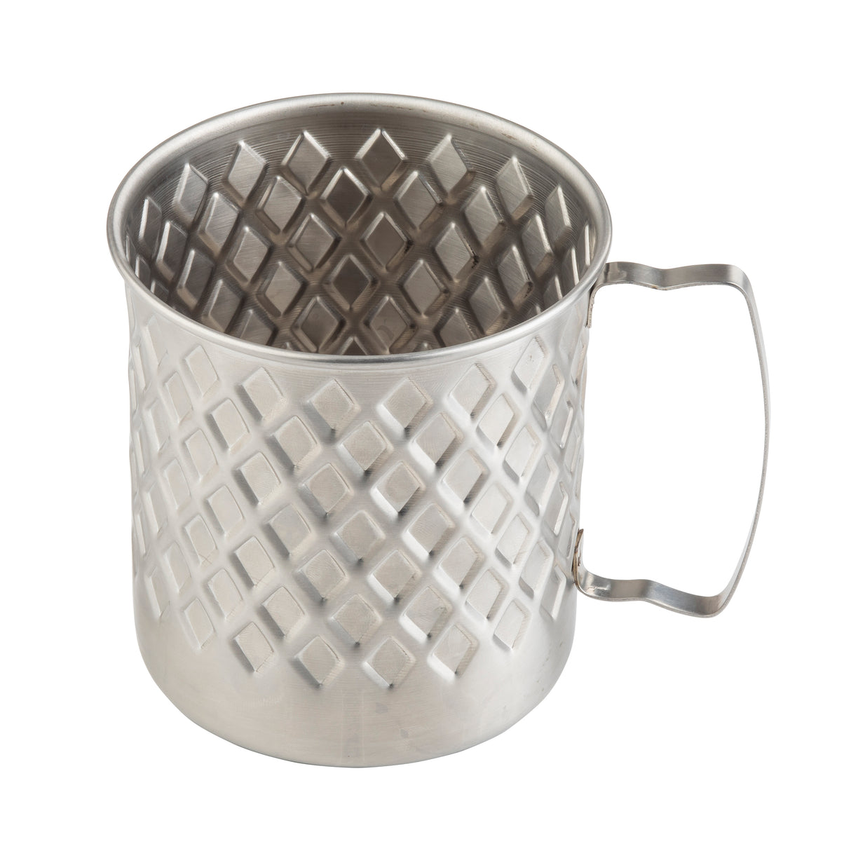 Part of our Lattice Collection Mug series, this 23 oz. stainless steel mug features a diamond lattice pattern, a flat rectangular handle, and a shiny, reflective finish for a modern geometric look.