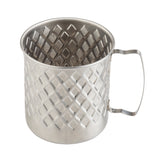 Part of our Lattice Collection Mug series, this 23 oz. stainless steel mug features a diamond lattice pattern, a flat rectangular handle, and a shiny, reflective finish for a modern geometric look.