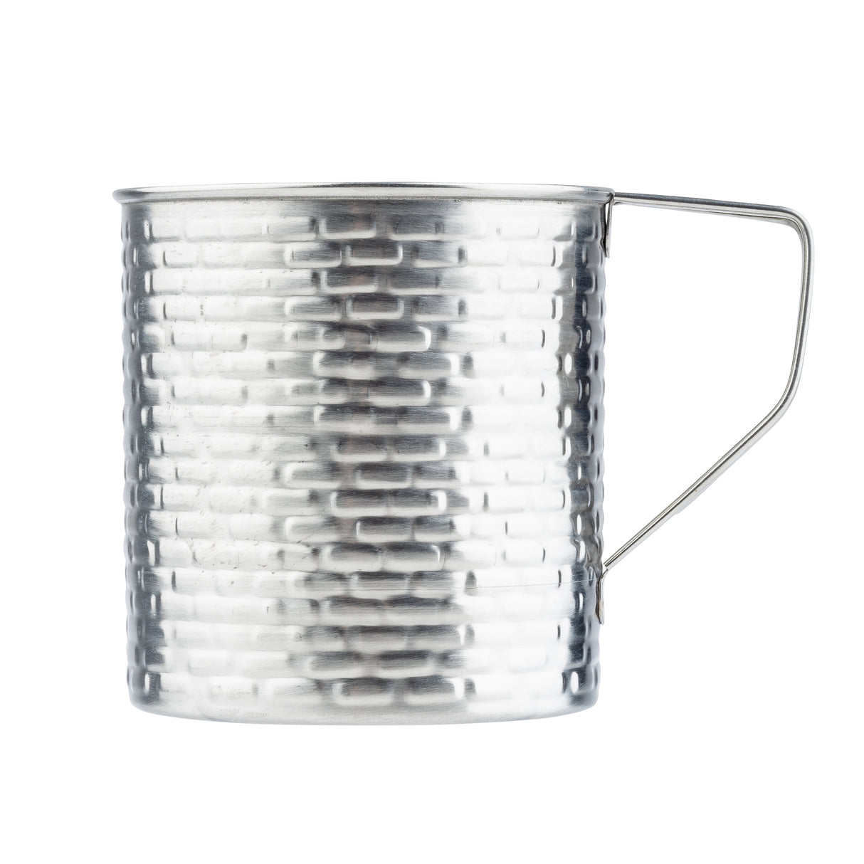 A 16 oz stainless steel mug from the TableCraft Products Brickhouse Collection, featuring a textured brick-like pattern and simple wire handle. Its cylindrical shape and industrial look stand out against a white background.