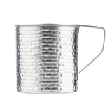 A 16 oz stainless steel mug from the TableCraft Products Brickhouse Collection, featuring a textured brick-like pattern and simple wire handle. Its cylindrical shape and industrial look stand out against a white background.