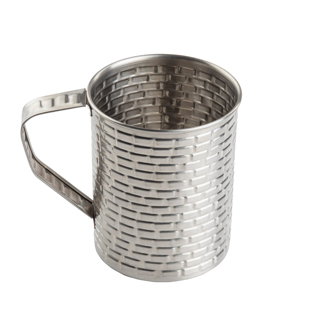 The TableCraft Products Brickhouse Collection Mug is a 16 oz stainless steel mug featuring a woven, basket-like textured pattern and a matching handle. Its cylindrical, reflective design stands out against a plain white background.