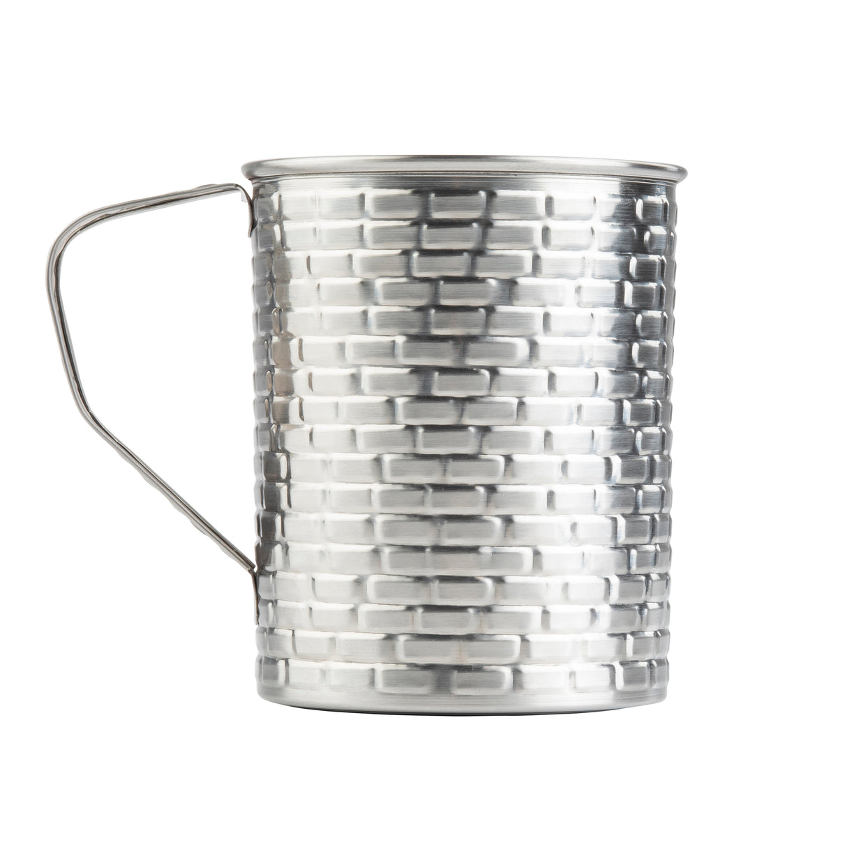 A silver metal cup from TableCraft Products' Brickhouse Collection, this 16 oz stainless steel mug features a brick-like textured pattern, a round rim, and a simple wire handle on the left side, set against a plain white background.