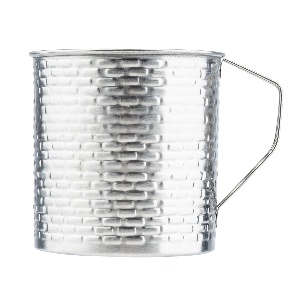 A silver 24 oz stainless steel mug with a textured, brick-like pattern and a simple, angular wire handle from the Brickhouse Collection Mug by TableCraft Products, ideal for camping or outdoor activities against a plain white background.