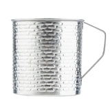 A silver 24 oz stainless steel mug with a textured, brick-like pattern and a simple, angular wire handle from the Brickhouse Collection Mug by TableCraft Products, ideal for camping or outdoor activities against a plain white background.