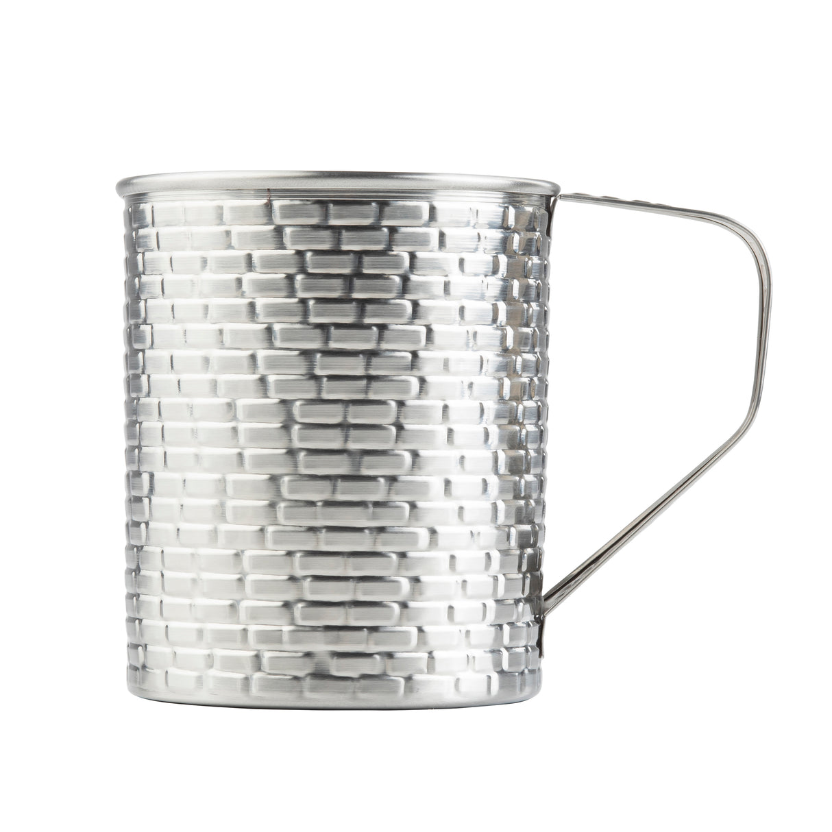 A tall, cylindrical 24 oz stainless steel mug from the Brickhouse Collection features a textured, brick-like pattern and a thin, angular handle. This TableCraft Products mug is silver, reflective, and stands upright against a plain white background.