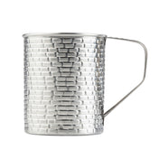 A tall, cylindrical 24 oz stainless steel mug from the Brickhouse Collection features a textured, brick-like pattern and a thin, angular handle. This TableCraft Products mug is silver, reflective, and stands upright against a plain white background.