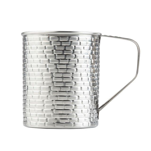 A tall, cylindrical 24 oz stainless steel mug from the Brickhouse Collection features a textured, brick-like pattern and a thin, angular handle. This TableCraft Products mug is silver, reflective, and stands upright against a plain white background.