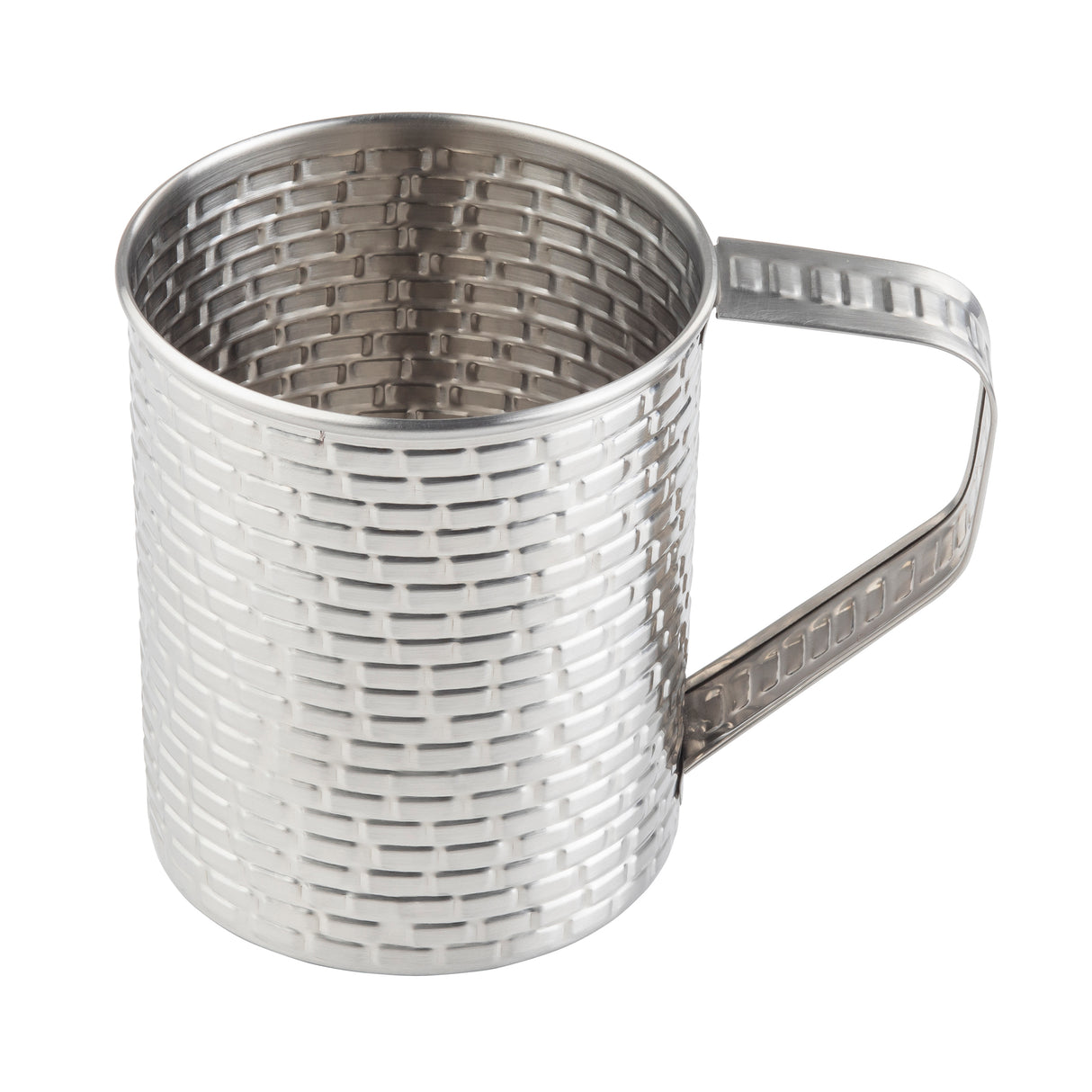 A silver-colored 24 oz stainless steel mug from the TableCraft Products Brickhouse Collection, featuring a textured, woven basket-like pattern on both the exterior and interior. The flat, angular handle is also adorned with this unique design.