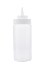 A clear, empty TableCraft 16 oz squeeze bottle with a white screw-on cap and pointed nozzle tip, standing upright on a plain white background. The cylindrical bottle is typically used for condiments or sauces.