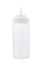 A clear, empty TableCraft 16 oz squeeze bottle with a white screw-on cap and pointed nozzle tip, standing upright on a plain white background. The cylindrical bottle is typically used for condiments or sauces.