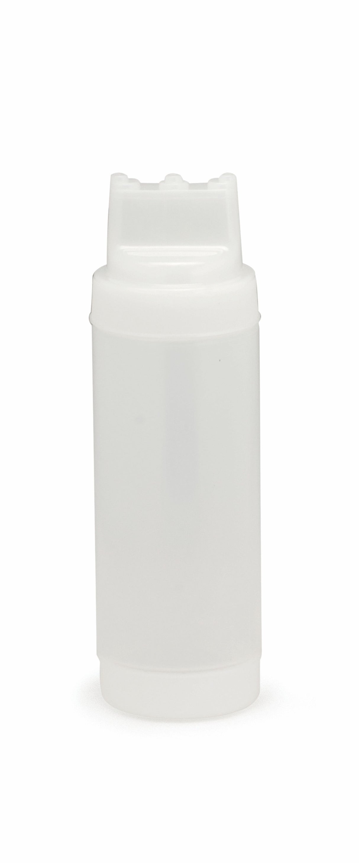 A plain, cylindrical white WideMouth Squeeze Bottle with a snap-on lid stands upright on a white background. The container appears empty, features smooth sides with no labels or markings, and the lighting is even and neutral.