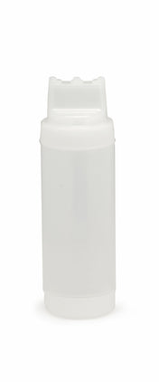 A plain, cylindrical white WideMouth Squeeze Bottle with a snap-on lid stands upright on a white background. The container appears empty, features smooth sides with no labels or markings, and the lighting is even and neutral.