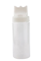 A translucent 16 oz. WideMouth Squeeze Bottle with a white flip-top cap stands upright against a plain white background, lid open to reveal the dispensing spout. This unmarked, cylindrical bottle is dishwasher safe for easy cleaning.