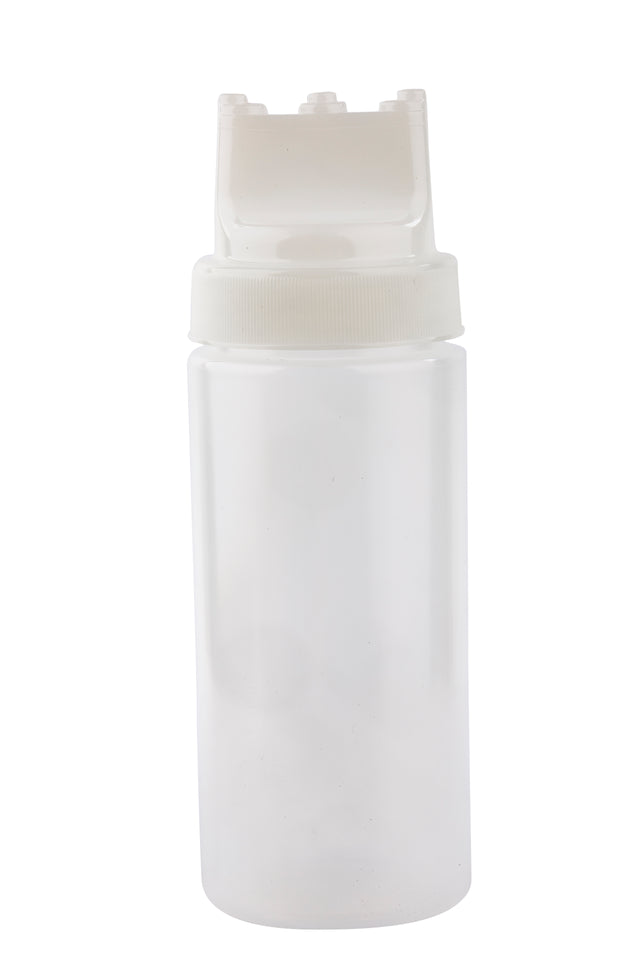 A translucent 16 oz. WideMouth Squeeze Bottle with a white flip-top cap stands upright against a plain white background, lid open to reveal the dispensing spout. This unmarked, cylindrical bottle is dishwasher safe for easy cleaning.