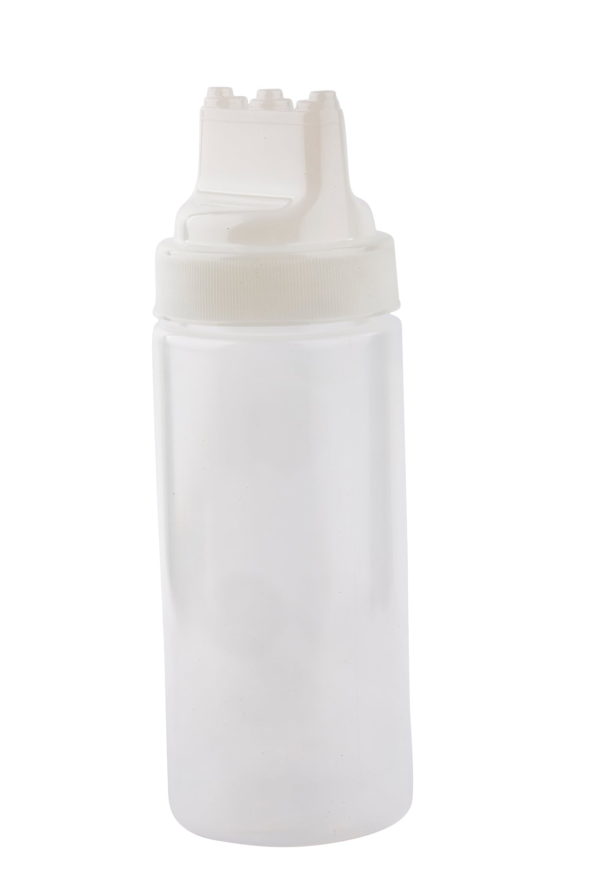 A translucent 16 oz. WideMouth Squeeze Bottle with a white screw-on cap and uniquely shaped top, shown against a plain white background. The empty bottle has a simple cylindrical design and is dishwasher safe for easy cleaning.
