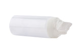 A clear, empty 16 oz. WideMouth Squeeze Bottle with a white flip-top cap is shown lying on its side against a plain white background. The cap is closed, the bottle has a cylindrical shape, and it is dishwasher safe for easy cleaning.