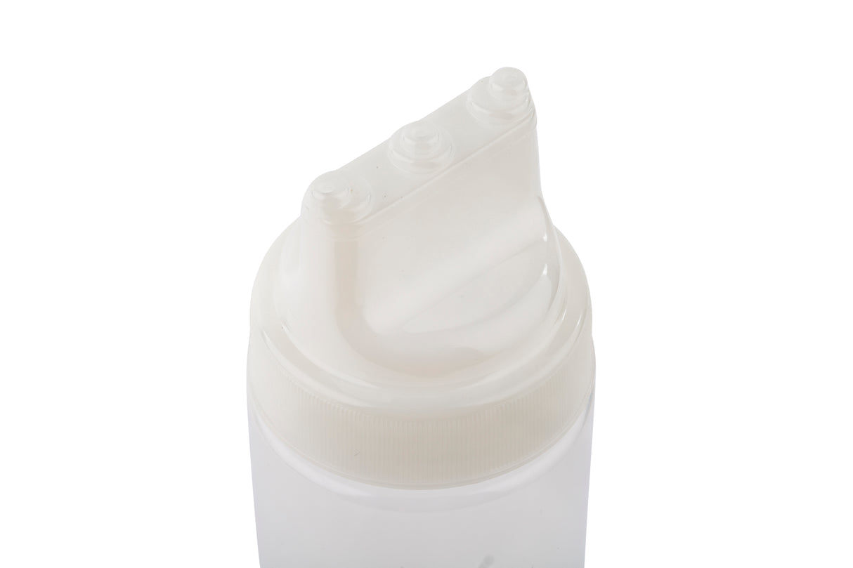 A close-up of a 16 oz. WideMouth Squeeze Bottle with a white cap and pointed, multi-hole nozzle tip, typically used for condiments or sauces, set against a white background. This bottle is also dishwasher safe for easy cleaning.