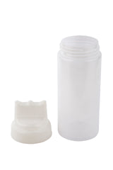A translucent, empty 16 oz squeeze bottle stands upright with its matching white screw-on lid beside it on a plain white background. The WideMouth Squeeze Bottle features smooth sides and a wide opening, ideal for powders or small items and is dishwasher safe.