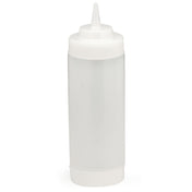 A clear, cylindrical squeeze bottle with a wide mouth and white, pointed nozzle cap. The empty bottle stands upright on a plain white background and is dishwasher safe—perfect for condiments like ketchup, mustard, or sauces.