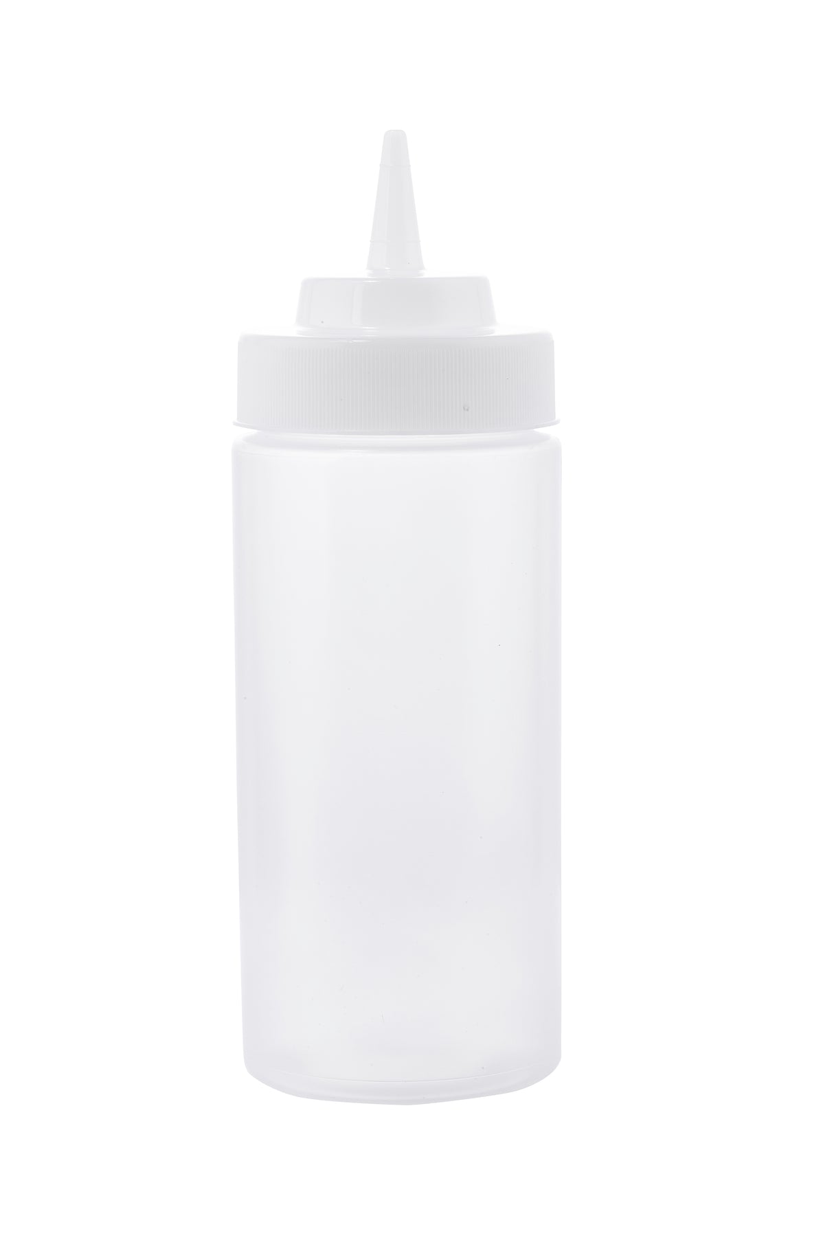 A clear WideMouth Squeeze Bottle with a white, pointed nozzle cap, designed for dispensing sauces or condiments. This 16 oz squeeze bottle is empty, standing upright on a white background, and is dishwasher safe for easy cleaning.