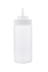 A clear WideMouth Squeeze Bottle with a white, pointed nozzle cap, designed for dispensing sauces or condiments. This 16 oz squeeze bottle is empty, standing upright on a white background, and is dishwasher safe for easy cleaning.