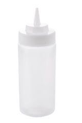 A translucent 16 oz squeeze bottle with a cylindrical shape, white screw-on cap, and tapered nozzle for precise dispensing. This WideMouth Squeeze Bottle is dishwasher safe and stands upright against a plain white background.