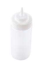 A translucent 16 oz squeeze bottle with a white screw-on cap and pointed nozzle tip, ideal for dispensing condiments or sauces. This WideMouth Squeeze Bottle stands upright on a white background.