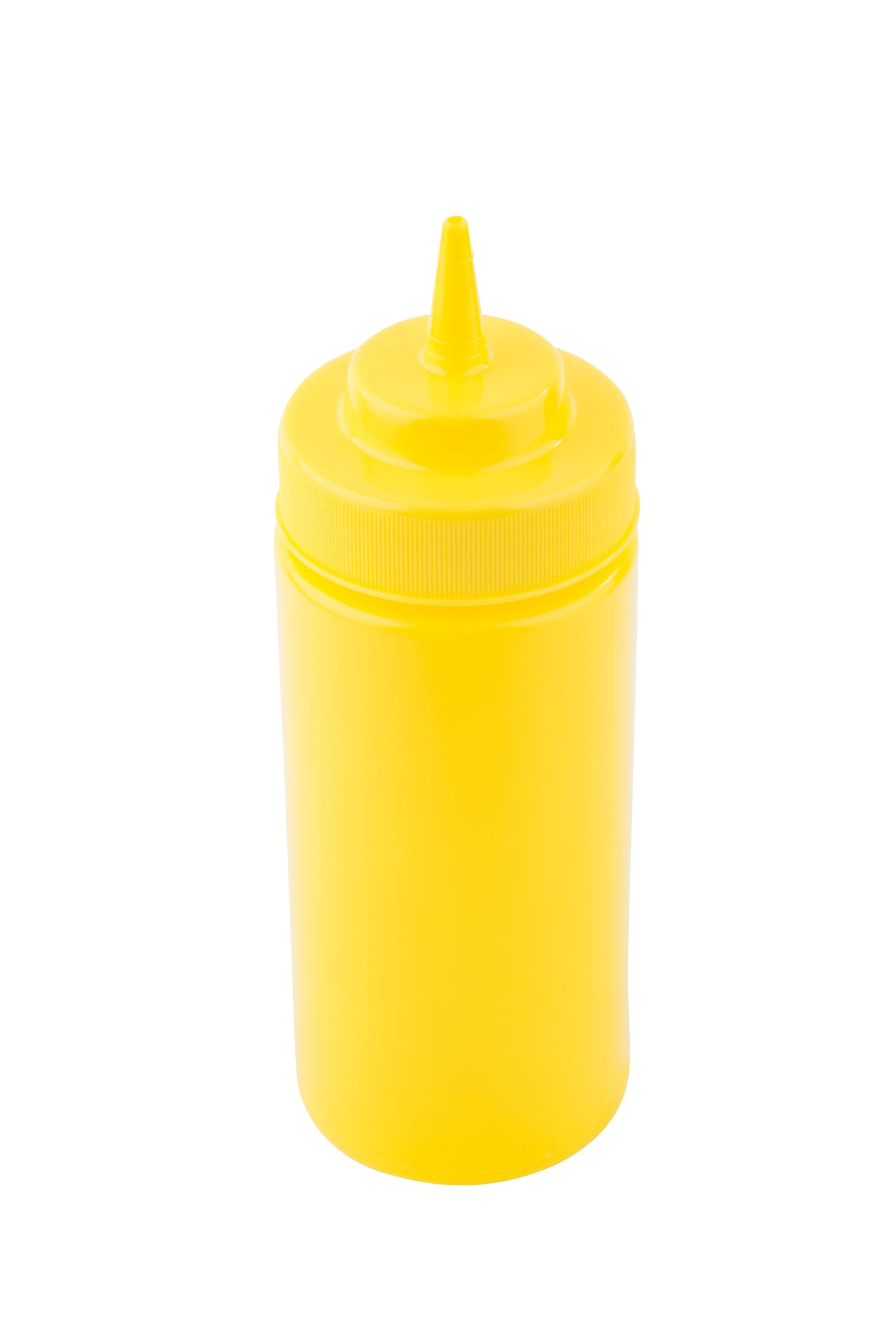 A bright yellow 16 oz mustard bottle with a pointed nozzle lid, commonly used for condiments. This dishwasher safe squeeze bottle stands upright against a plain white background.