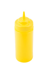 A bright yellow 16 oz mustard bottle with a pointed nozzle lid, commonly used for condiments. This dishwasher safe squeeze bottle stands upright against a plain white background.
